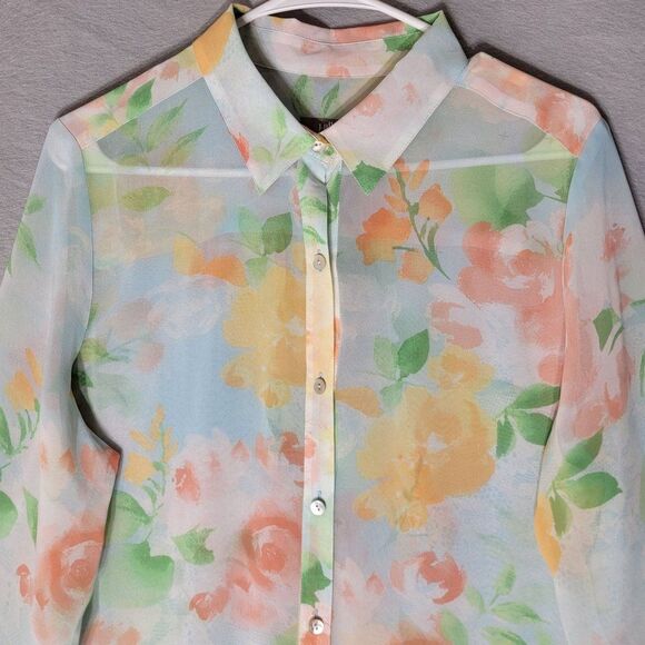 J.Jill Sheer Floral Button Front Blouse Womens M Colorful Long Sleeves Spring - Picture 3 of 13